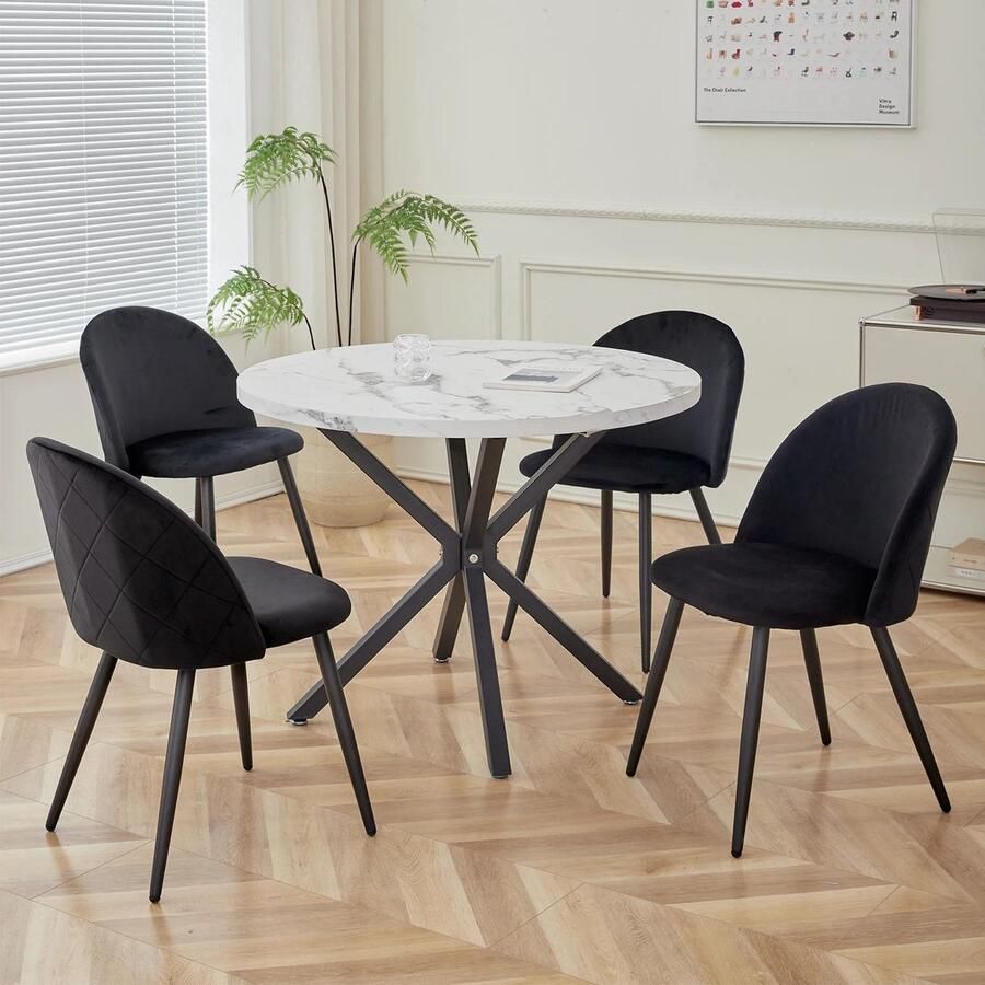 Eleganza Maison Set van 4 Fluwelen Eetkamerstoelen Gestoffeerde Stoelen voor Woonkamer en Keuken Vintage Nordic Design met Zwart Metalen Poten Comfortabele Rugleuning Koffiestoelen Zwart