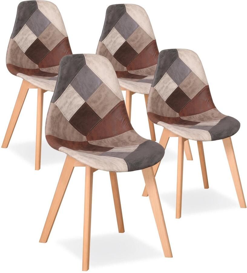 Cozy Cottage Set van 4 Nordic Eetkamerstoelen – Beuken Houten Poten – Patchwork Stoffering – Comfortabele Stoelen voor Keuken Eetkamer & Woonkamer Taupe Bruin Grijs
