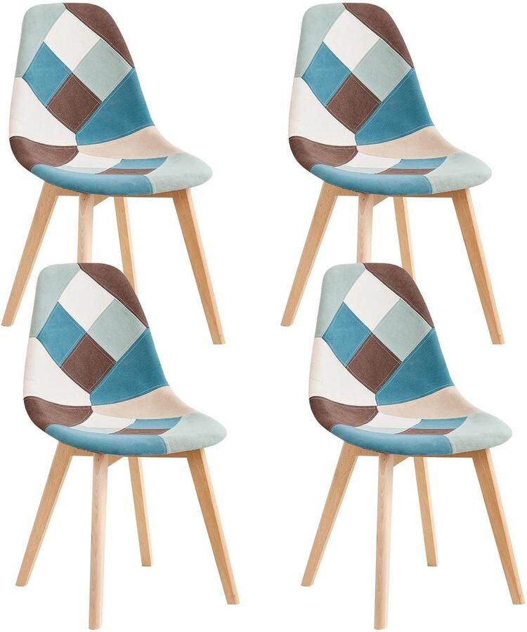 Cozy Cottage Set van 4 Nordic Eetkamerstoelen – Beuken Houten Poten – Patchwork Stoffering – Comfortabele Stoelen voor Keuken Eetkamer & Woonkamer Bruin Blauw Wit