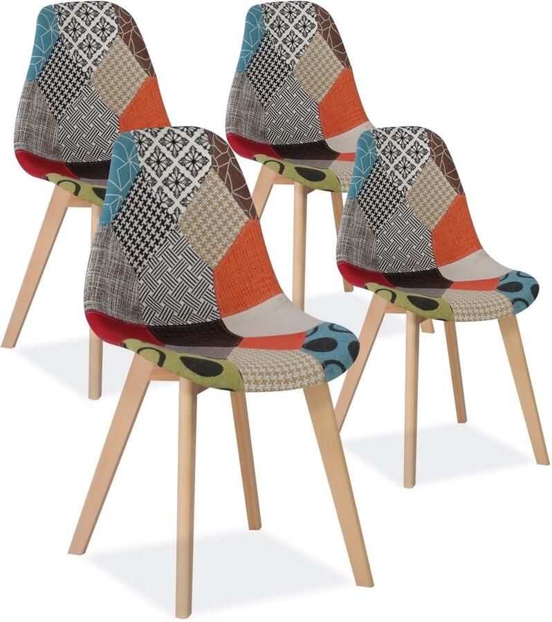 Cozy Cottage Set van 4 Nordic Eetkamerstoelen – Beuken Houten Poten – Patchwork Stoffering – Comfortabele Stoelen voor Keuken Eetkamer & Woonkamer Multicolor