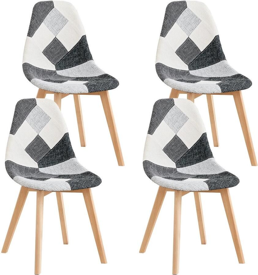 Cozy Cottage Set van 4 Nordic Eetkamerstoelen – Beuken Houten Poten – Patchwork Stoffering – Comfortabele Stoelen voor Keuken Eetkamer & Woonkamer Zwart Grijs Wit
