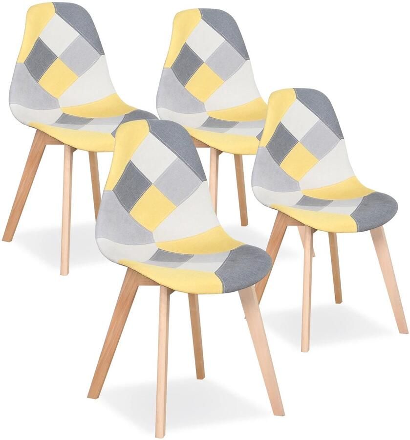 Cozy Cottage Set van 4 Nordic Eetkamerstoelen – Beuken Houten Poten – Patchwork Stoffering – Comfortabele Stoelen voor Keuken Eetkamer & Woonkamer Geel Grijs Wit