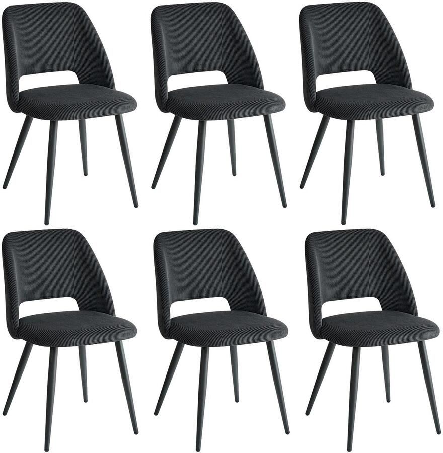 Cozy Cottage Set van 6 Corduroy Eetkamerstoelen – Stijlvolle Gestoffeerde Stoelen met Zachte Zitting – Ergonomisch Ontwerp – Comfortabele Stoelen voor Woonkamer & Eetkamer Zwart