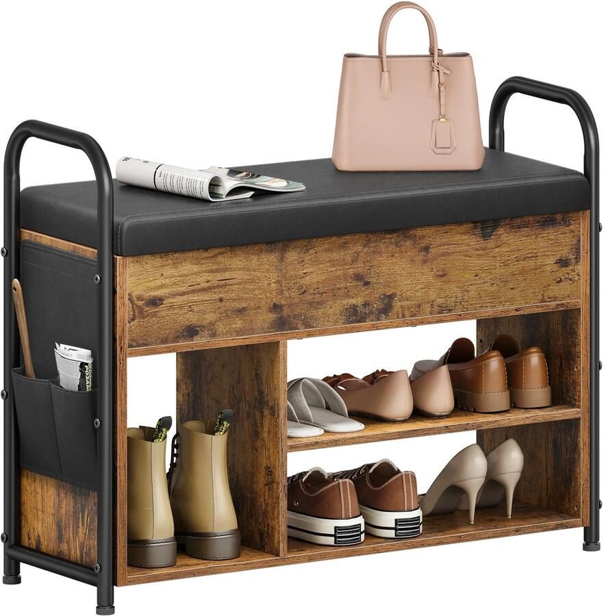 Cozy Cottage Stijlvolle Schoenenbank Schoenenrek met Opbergruimte Bank met Deksel & Handgrepen PU Leder Organizer voor Hal & Gang Schoenbank Hout 30 x 80.6 x 62.5 cm