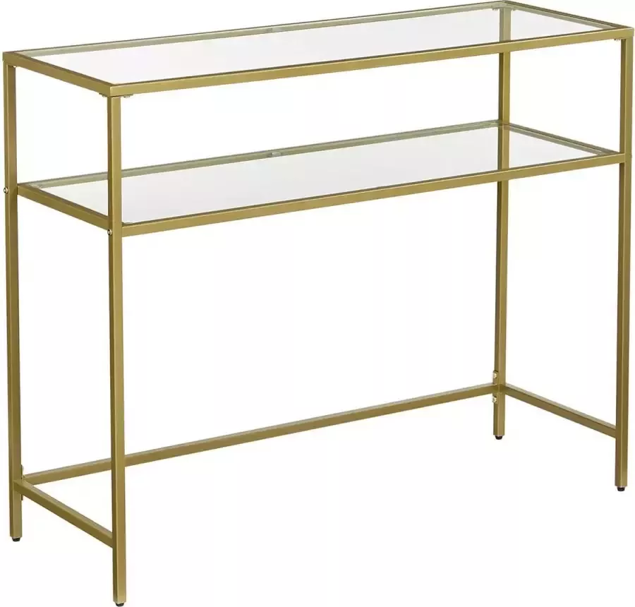 Cozy living Bijzettafel met 2 Planken Wandtafel Glazen Tafel Gouden Metalen Frame Gehard Glas