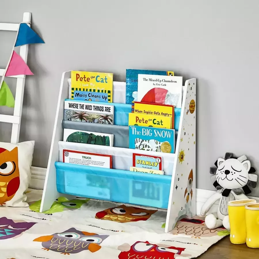 Cozy living Boekenkast voor kinderen Kinderkamerplank Speelgoed organizer Met anti-tip Blauw wit