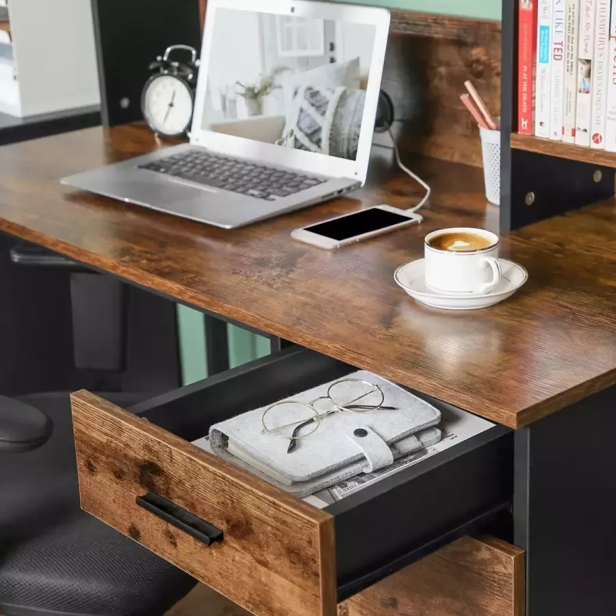 Cozy living Computerbureau Bureau Met Ladeblok Met Wandkast Metalen frame Bruin zwart