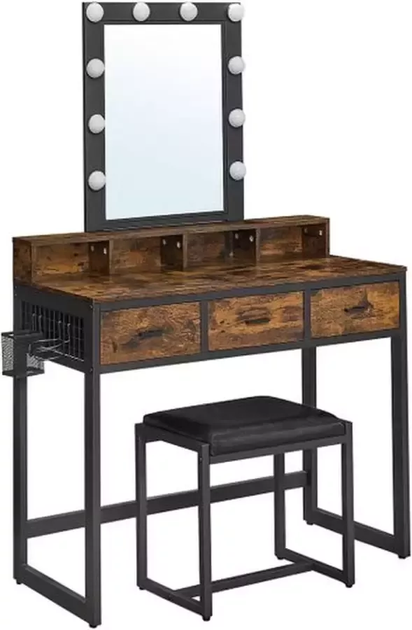 Cozy living Kaptafel met Verlichting Kaptafel met Kruk Kaptafel 10 LED-lampen Spiegel Verstelbare helderheid