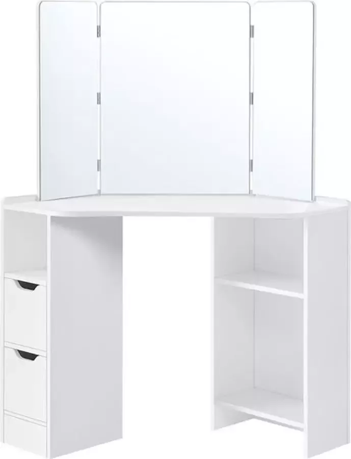 Cozy living Make-up tafel Kaptafel Hoekkaptafel 3-delige opklapbare spiegel 2 laden 3 open compartimenten 110 x 54 x 140 cm modern