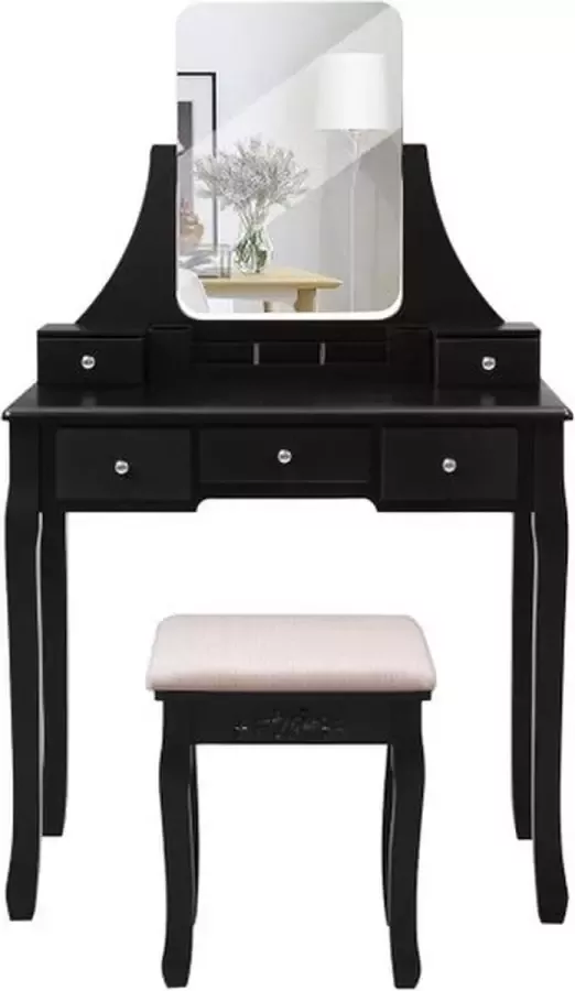 Cozy living Make-up tafel kaptafel met grote frameloze spiegel gestoffeerde kruk 5 lades