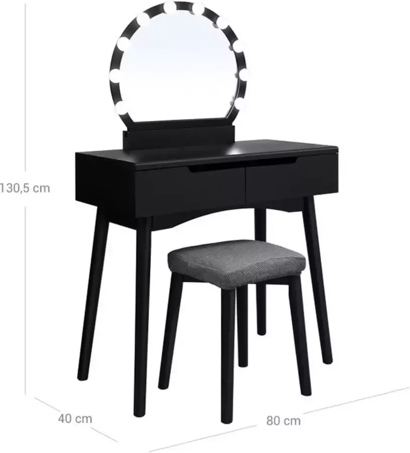 Cozy living Make-up tafel kaptafel met verlichting met spiegel en gloeilampen gestoffeerde kruk 2 grote laden zwart