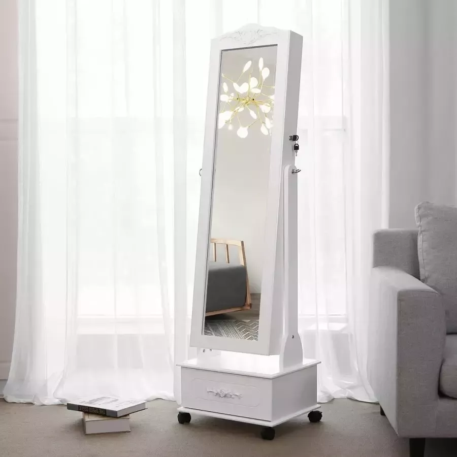 Cozy living Mobiele sieradenkast met spiegel Met wieltjes Met LED verlichting En slot Wit