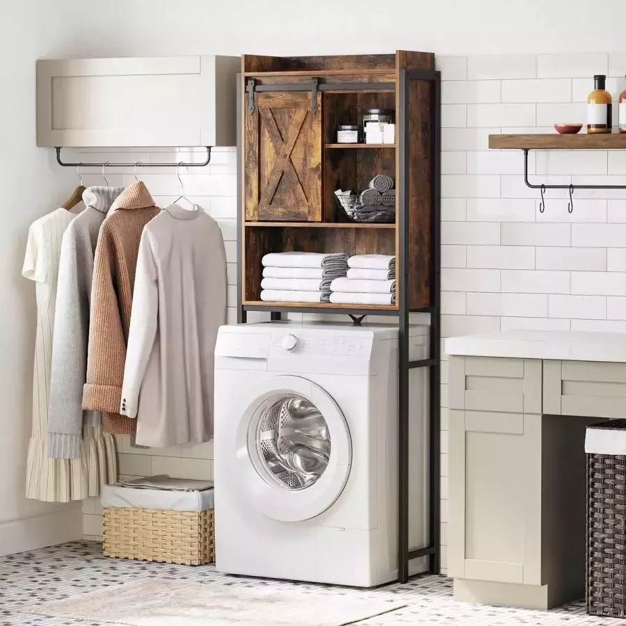 Cozy living Toiletplank – Badkamerkast Stalen frame Kast voor Wasmachine Bruin Zwart
