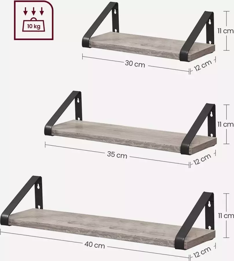 Cozy living Wandplank Set van 3 Zwevende plank Industrieel Grijs Zwart