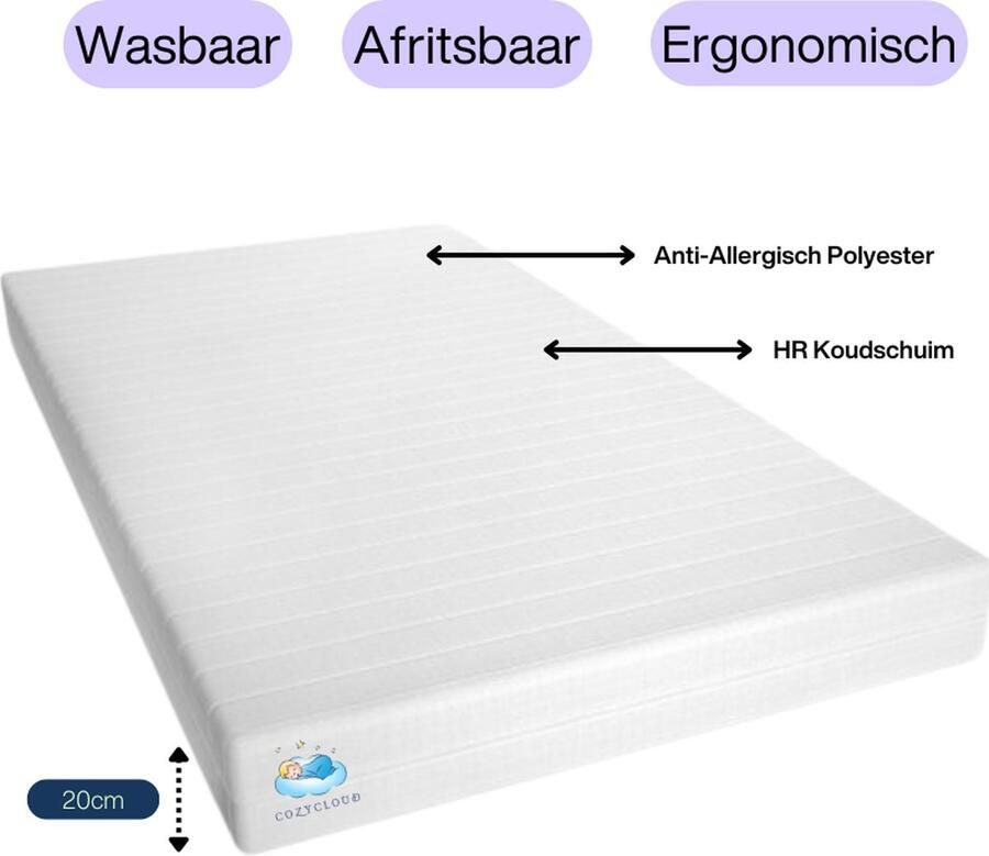 CozyCloud Luxe HR Koudschuim Matras 140x200 cm 20 cm Hoog Ondersteunend Ergonomisch Drukverlagend Antiallergisch & Wasbaar