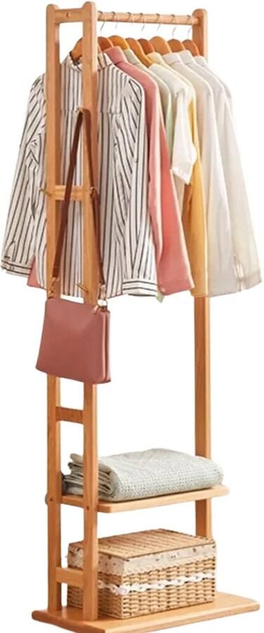 CozyLiving Bamboe Kledingrek met 2 Opbergniveaus en 3 Haken Duurzaam en Stijlvol Garderobe Rek Compact Houten Kapstok voor Hal Slaapkamer of Gang Multifunctioneel en Ruimtebesparend