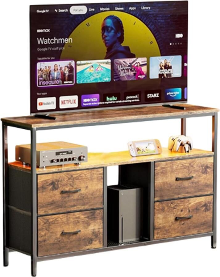 CozyLiving Dressoir met LED verlichting Tv Kast Keukenkast Opbergkast -Industrieel Design Vintage Bruin voor woonkamer keuken eetkamer 4 Lades