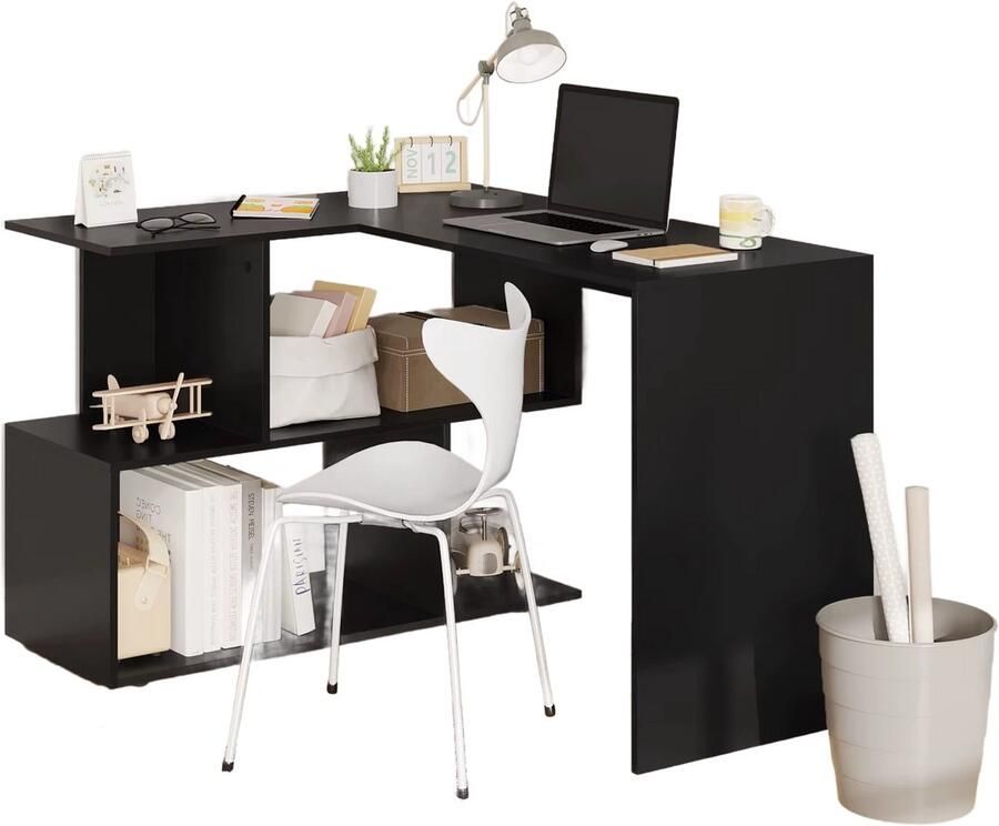 CozyLiving Hoekbureau L vorm Bureau Computertafel met planken Thuiskantoor Industrieel Vintage zwart
