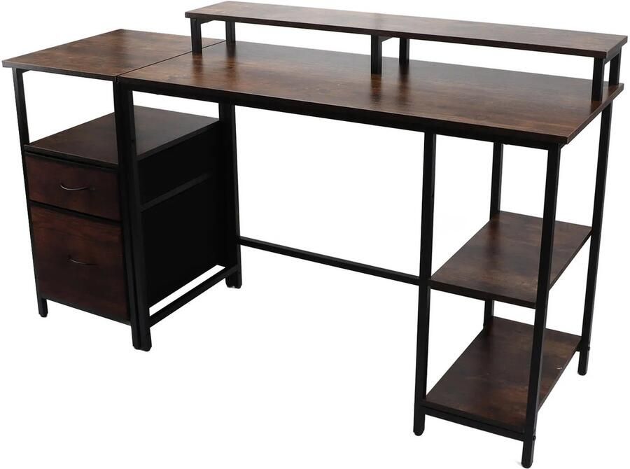 CozyLiving Industriële Computerbureau met Opbergruimte – Vintage Houten Bureau met Lades Planken & Verhoogde Monitorstandaard – 150x75 cm – Thuiswerkplek & Kantoor