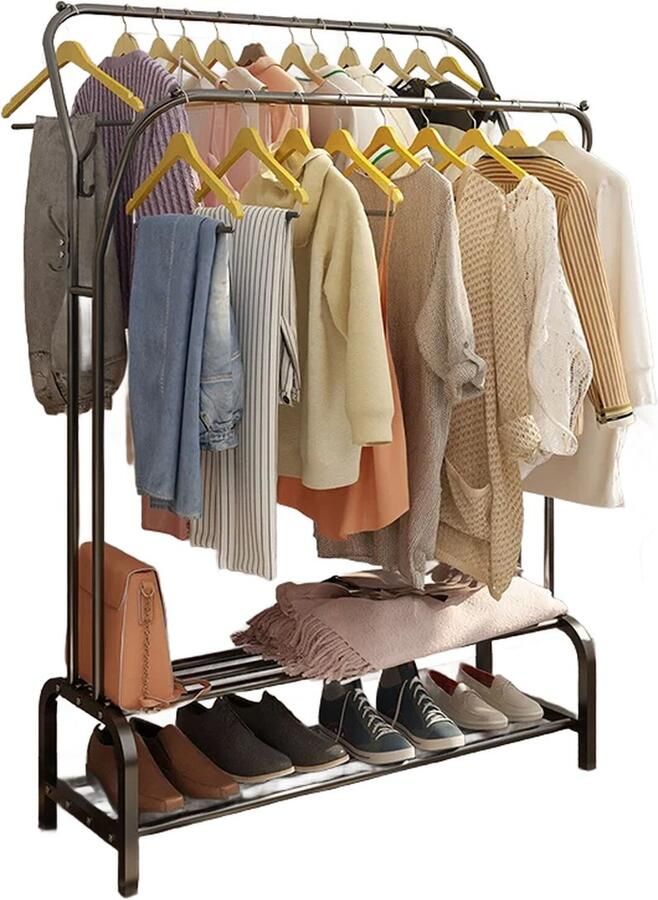 CozyLiving Kledingrek Industrieel Kledingrek Metaal 110x35x146 CM Zwart Opbergruimte Voor Schoenen Garderoberek Met Haken