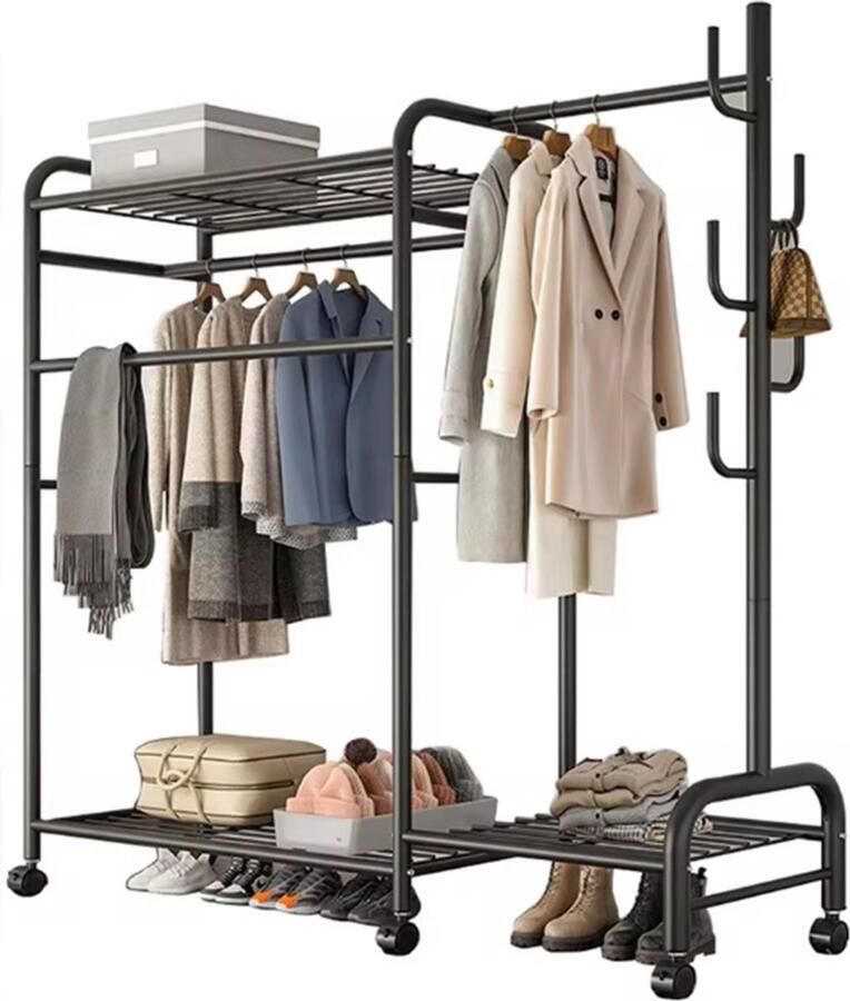CozyLiving Kledingrek Kapstok Garderoberek Op wieltjes Op wielen Metaal Zwart 165x150x37cm