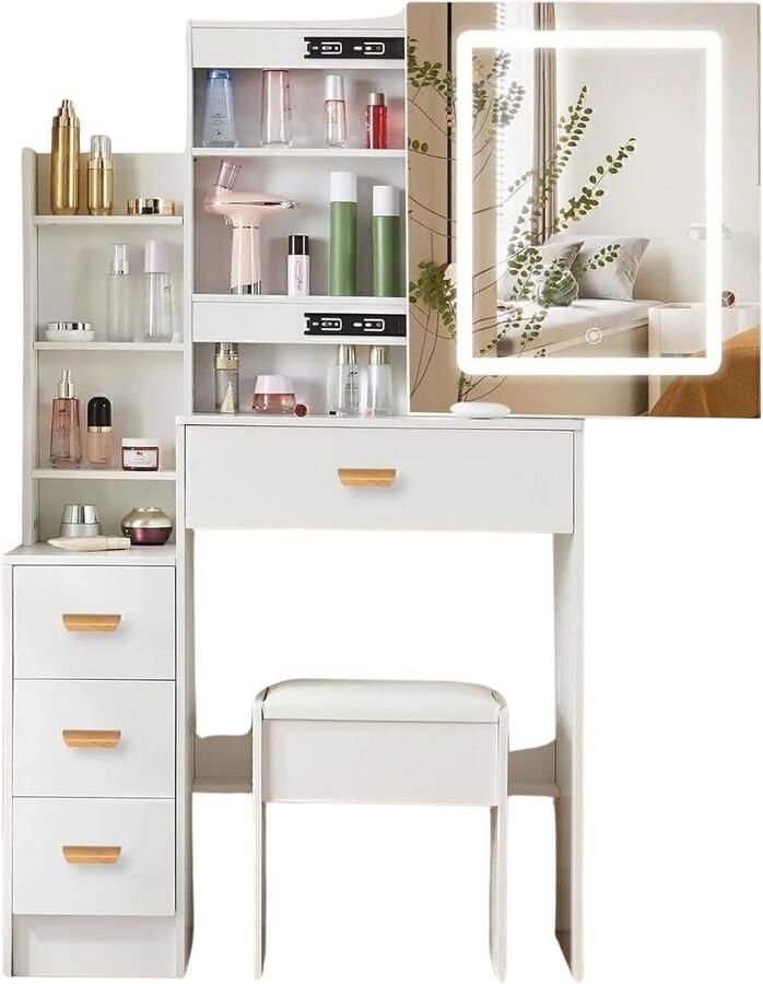 CozyLiving Make Up tafel Kaptafel Met Spiegel en Verlichting Make Up Tafel Met Spiegel en Lampen Inclusief Stoel Wit