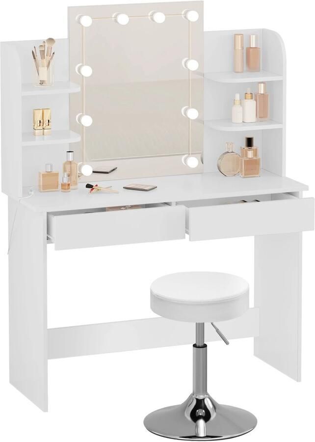 CozyLiving Moderne Witte Make-up tafel met Hollywood Spiegel en Krukje Kaptafel met Spiegel 2 Laden en Aanpasbare Planken Stijlvolle Opslag voor Make-up