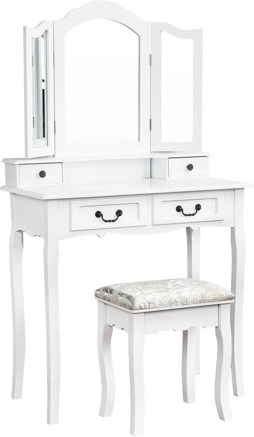 CozyLiving Moderne Witte Make-up tafel met Opvouwbare Spiegel en Krukje Antiek Design Kaptafel met Spiegel 2 Laden en Stijlvolle Opslag voor Make-up
