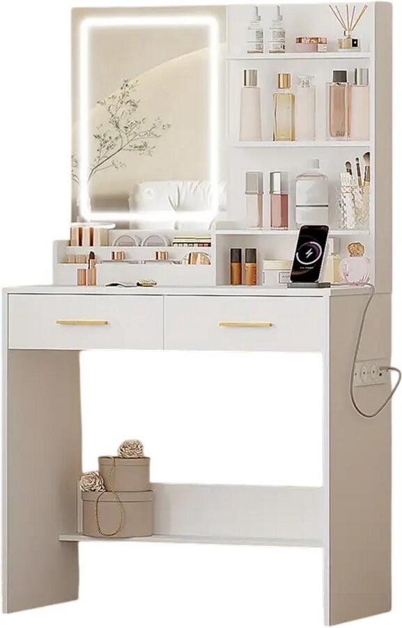 CozyLiving Moderne Witte Make-up tafel met Spiegel en Verlichting Kaptafel met Spiegel 2 Laden en Lampen Stijlvolle Opslag voor Make-up