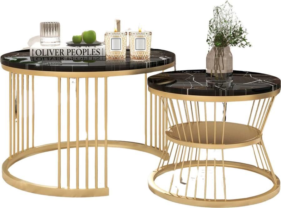 CozyLiving Salontafel Marmer Salontafel met Opbergruimte Salontafel Rond Met opslagruimte Bijzettafel Set van 2 Ø70 & Ø45cm Marmer