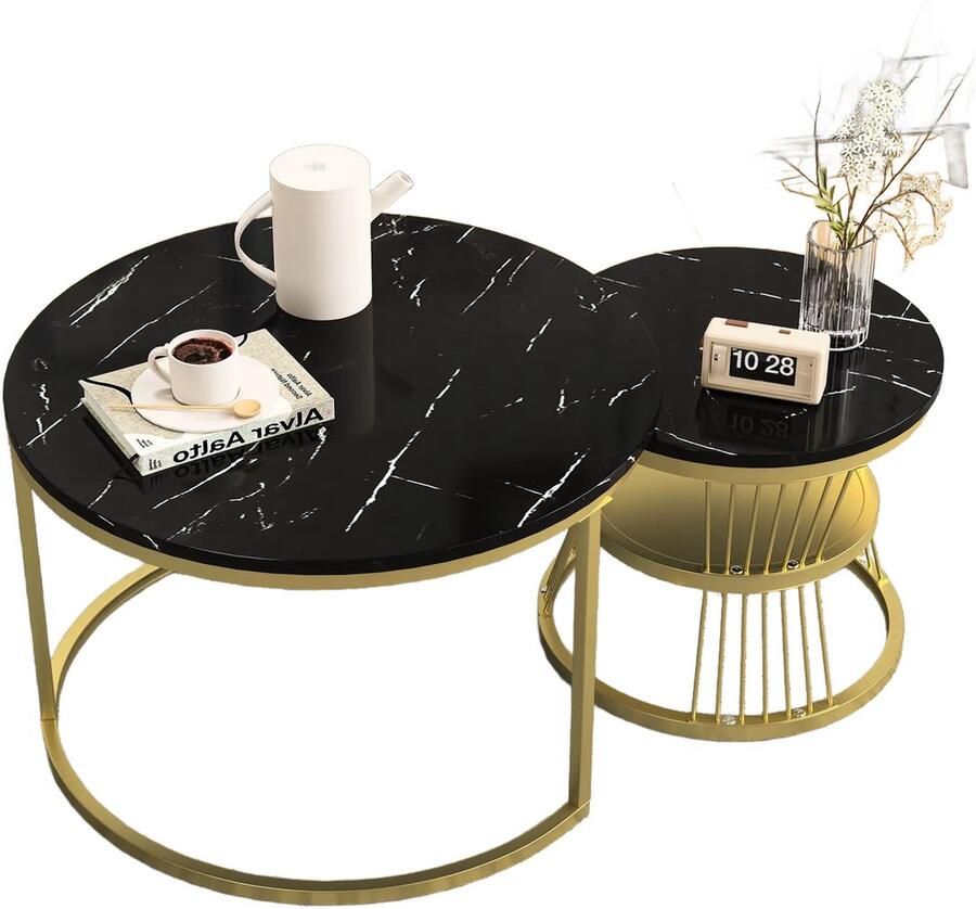 CozyLiving Salontafel Marmer Salontafel met Opbergruimte Salontafel Rond Met opslagruimte Bijzettafel Koffietafel Salon tafel Set van 2 Ø70 & Ø45cm Marmer