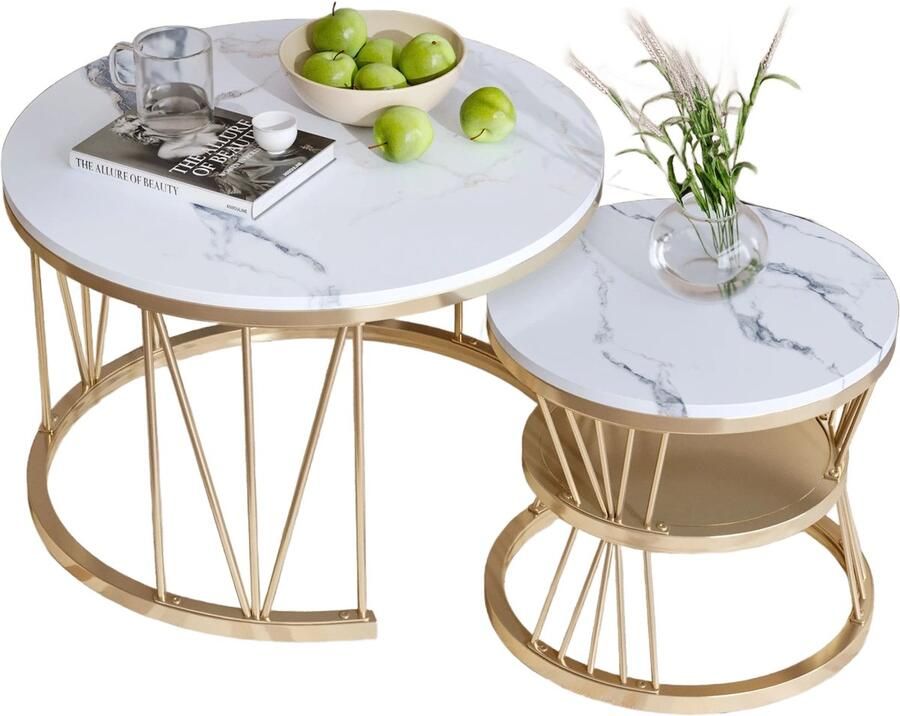 CozyLiving Salontafel Marmer Salontafel met Opbergruimte Salontafel Rond Met opslagruimte Bijzettafel Set van 2 Ø70 & Ø45cm Marmer