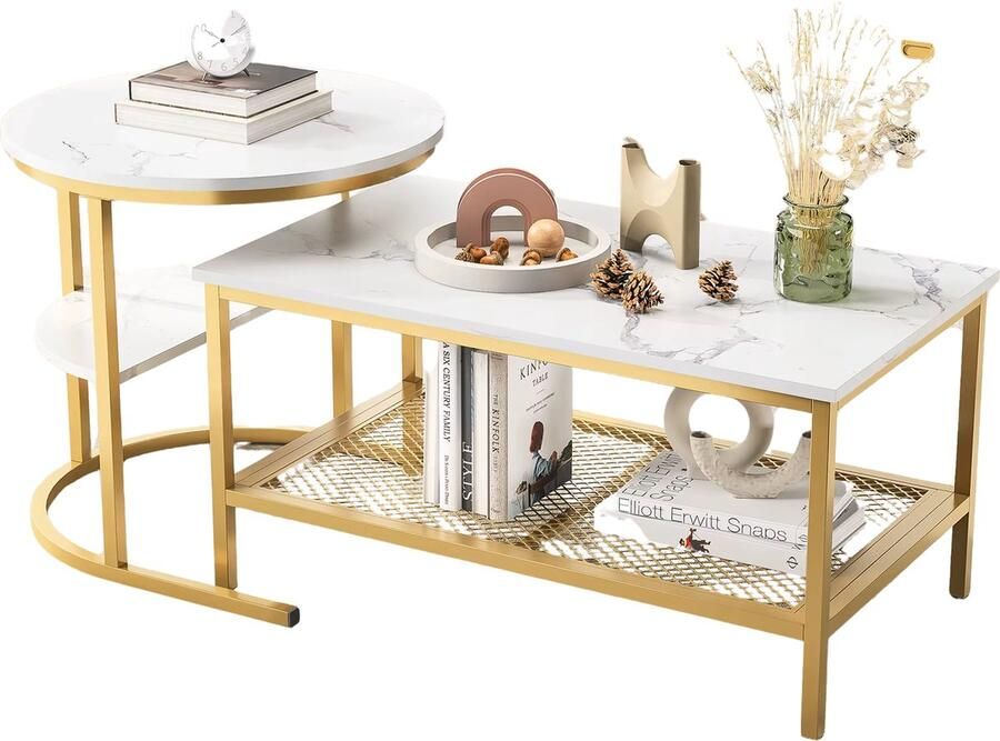 CozyLiving Salontafel Marmer Salontafel met Opbergruimte Salontafel Rond Met opslagruimte Bijzettafel Set van 2 Ø70 & Ø45cm Wit Marmer met Gouden Frame - Foto 2