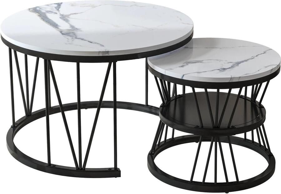 CozyLiving Salontafel Met opbergruimte Set van 2 Bijzettafel Met Afneembaar Blad Salontafels Rond Bijzettafeltjes Woonkamer Tafel Set Koffietafel Industrieel Zwart Metaal