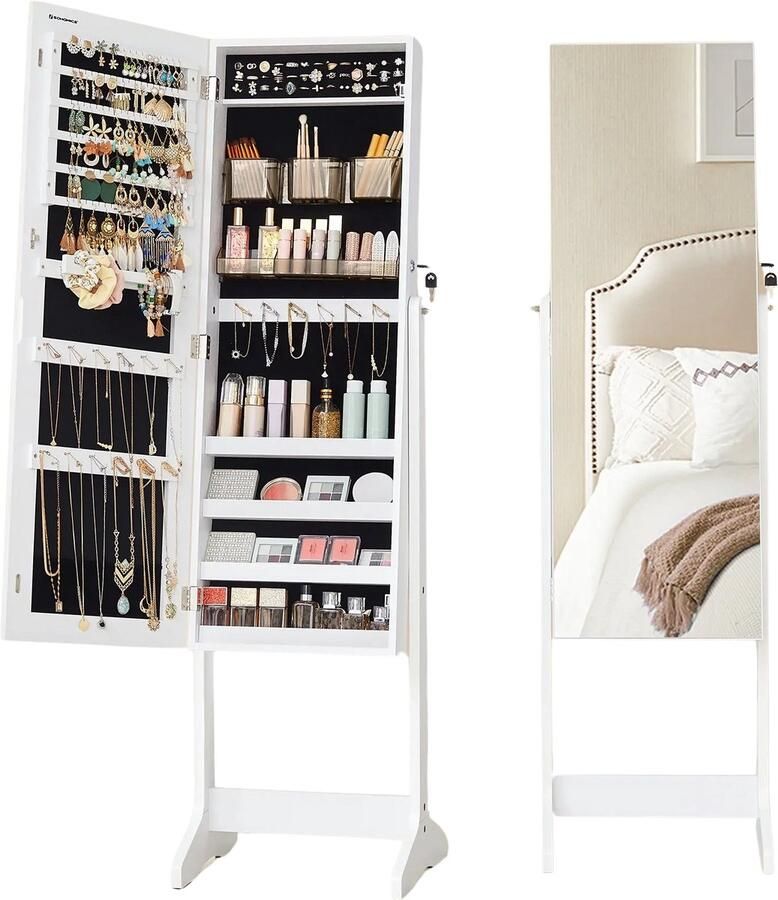 CozyLiving Sieradenkast op Poten Met Spiegel Passpiegel Wandspiegel Kast Sieraden Organizer -152x41x37cm Wit