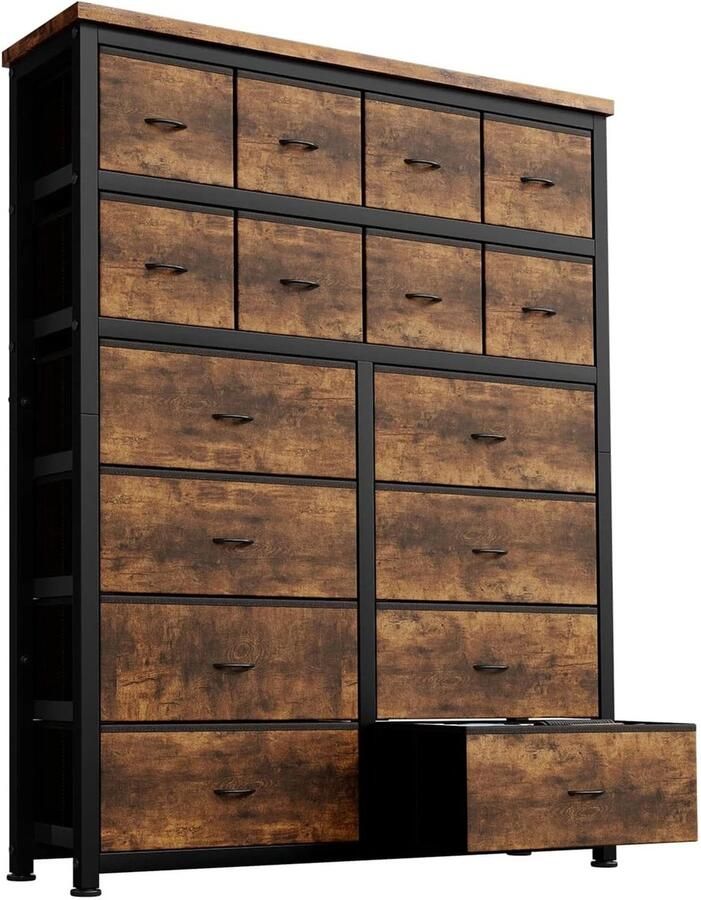 CozyLiving XL Dressoir Bruin met 16 Lades – Hoge Ladekast voor Slaapkamer – Stoffen Lade Organizer – Moderne Opbergkast – Commode met Stalen Frame & MDF Hout 130x101x30