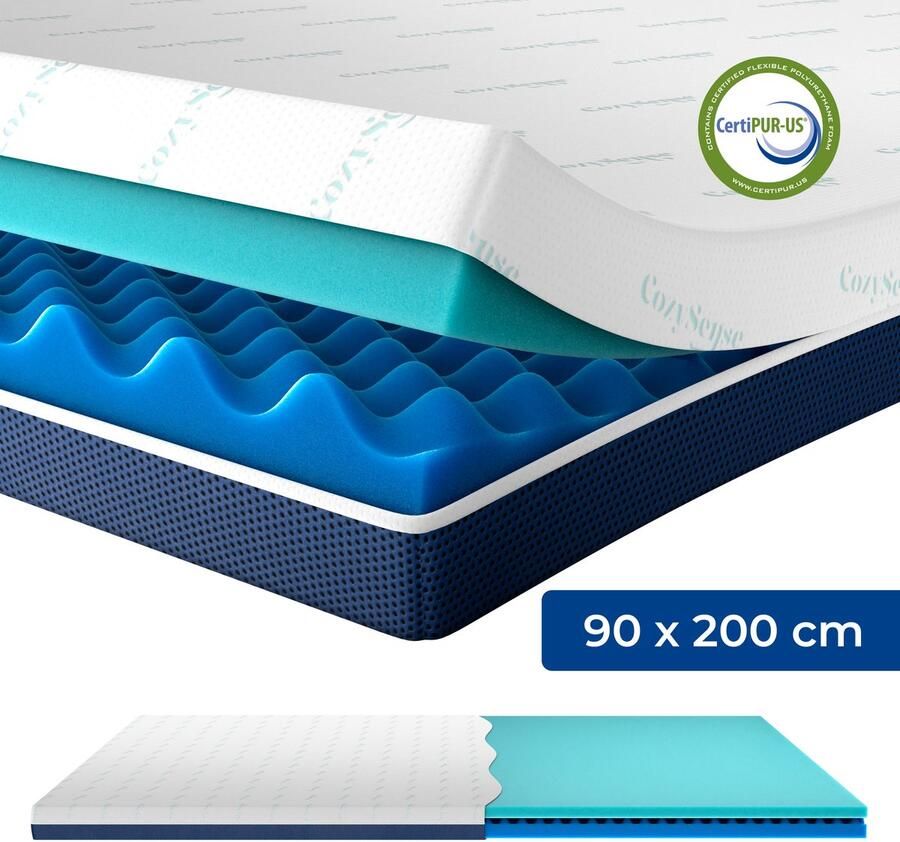 CozySense DualFeel Topper 90x200 Topdekmatras Matras topper 100 dagen proefslapen Dual Feel 2 Lagen om te Draaien 1 Koele Kant en 1 Warme Kant Topper CertiPUR Gecertificeerd Medium Hardheid 7.5 CM Dik Inclusief Wasbare Hoes
