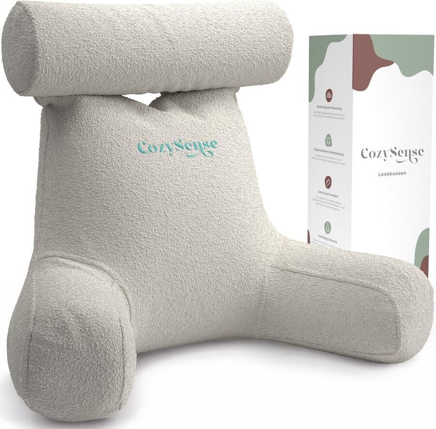 CozySense Leeskussen voor in Bed Bookseat Ergonomisch Zitkussen met Boucléstof Boekkussen Lees Kussen Groot Formaat Steun voor Rug Nek en Armen Relax Kussen Verstelbare Vulling CertiPUR Afneembare Hoes Beige