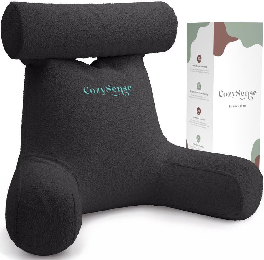 CozySense Leeskussen voor in Bed Bookseat Ergonomisch Zitkussen met Boucléstof Boekkussen Lees Kussen Groot Formaat Steun voor Rug Nek en Armen Relax Kussen Verstelbare Vulling CertiPUR Afneembare Hoes Grijs