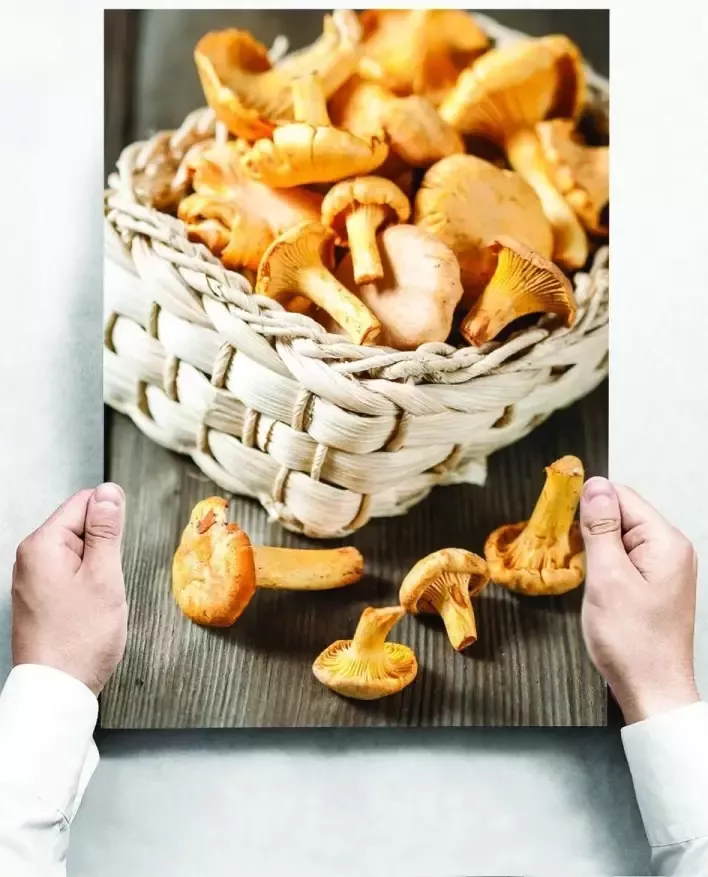 Creatief Art Wandbord: champignons in een rieten mandje op tafel 30 x 42 cm