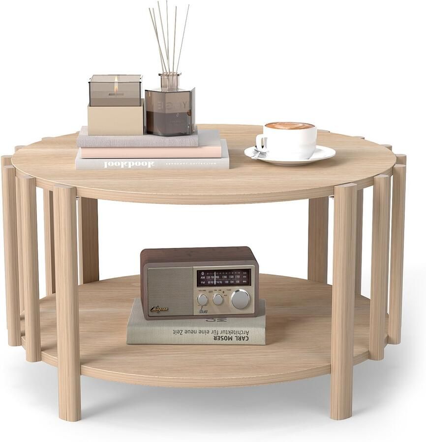 Creatorally Ronde Salontafel 70x70x40cm Salontafel met Opbergruimte Multifunctionele Bijzettafel voor de Woonkamer Banktafe Natuurhout Kleur Bijzettafel Tafel Woonkamertafel
