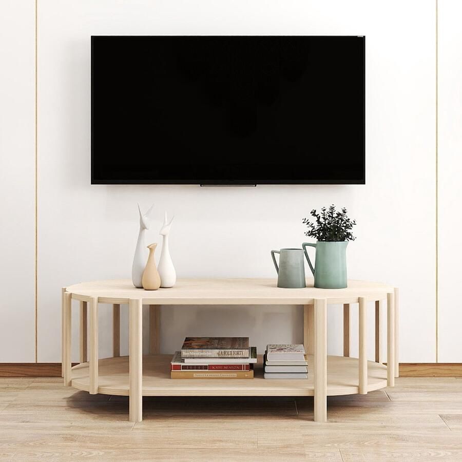 Creatorally Salontafel Ovale Vorm 119 x 60 x 40cm Met Opslagruimte Tafel Wit Stijlvolle Woonkamer Tafel Banktafe Houtkleur