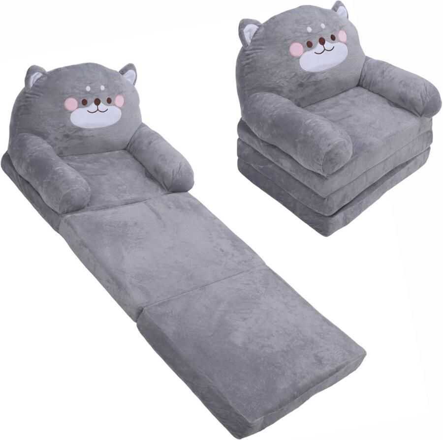Creatorally Slaapbank Logeerbed Zetelbed Kinderbank Cartoon Grijze Hond Stijl Opvouwbare Zachte Peuterstoel met Brede Handvatten 3 Lagen Fauteuil Slaapbank