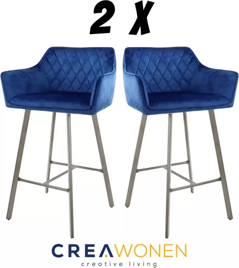 CreaWonen Barstoelen Set van 2 stuks Vinum barstoel met armleuning rugleuning Blauw velours Industrieel Barstoelen Design Barkruk