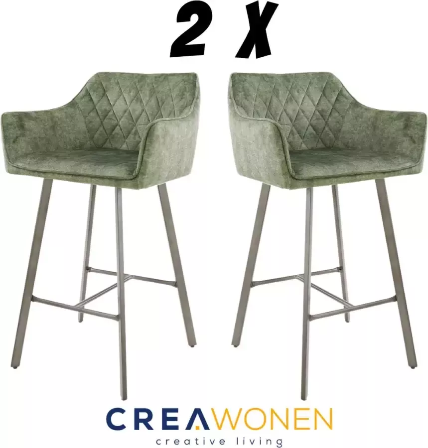 CreaWonen Barstoelen Set van 2 stuks Vinum barstoel met armleuning rugleuning Groen velours Industrieel Barstoelen Design Barkruk
