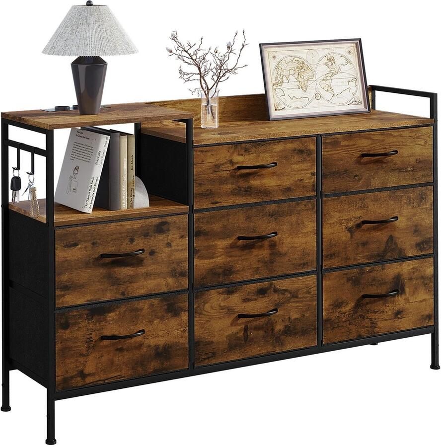 Suredeal Ladekast met 8 Stoffen Laden -Oplaadstation 132x30x88 cm Hout -Metaal Vintage Look