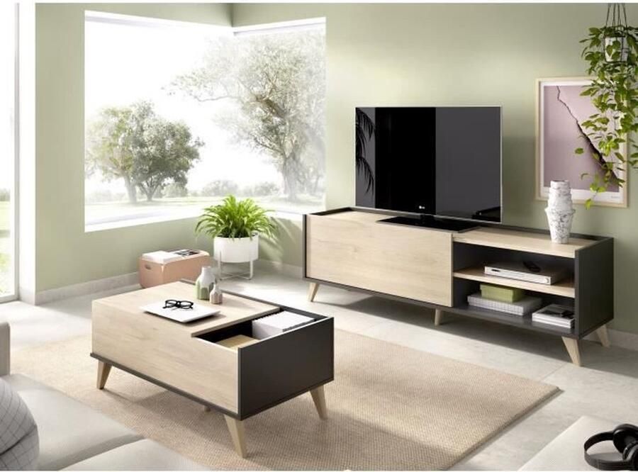 Cstore NESS woonkamerset: TV-meubel + Opklapbare salontafel Melamine Decor eiken en antraciet