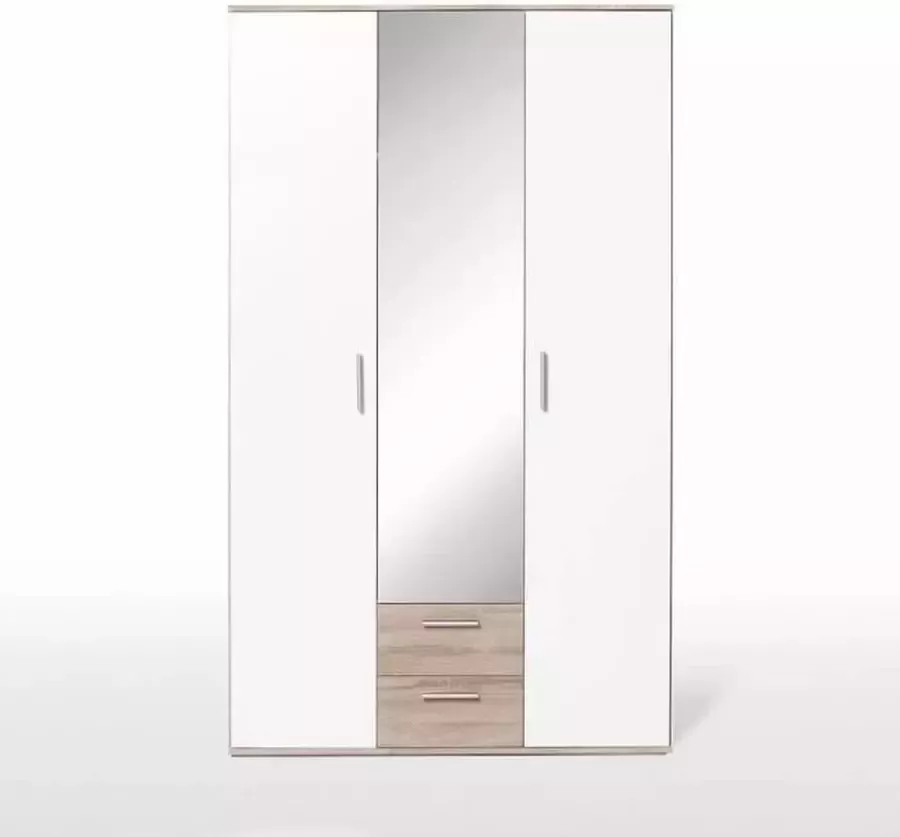 Merkloos Schommelkast Spaanplaat Wit en eikenhout 3 deuren en 2 lades + spiegel L 121 x D 54 x H 200 1 cm SELKEA