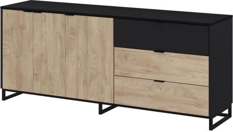 Merkloos NEO dressoir Eiken en zwarte melamine 3 deuren + 2 laden + 1 nis L180 x D44 x H75 5 cm