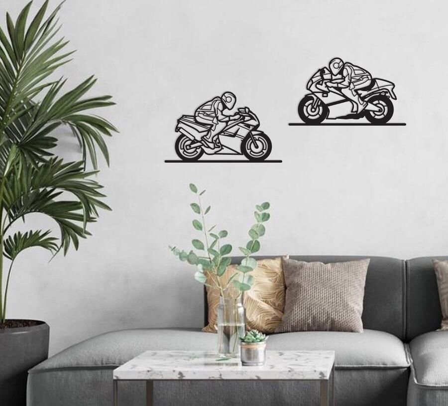 Cutting Edge Design Belgium Motorcycles set van 2 -- Wall Art by Cutting Edge Design Wanddecoratie Muurdecoratie Living Woonkamer Mancave Jeugdkamer Sport Motoren Moto Garage Hout Zwart Wand Kader Interieur Art Bureau Geschenk